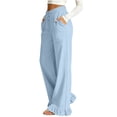 thumbnail image 5 of Hurxie Women's Linen Wide Leg Pants Drawstring Ruffle Hem Trousers | Casual Drawstring Palazzo Pants, Lightweight Breathable, loose fit,Summer Beach Vacation Ready Light Blue,S, 5 of 7