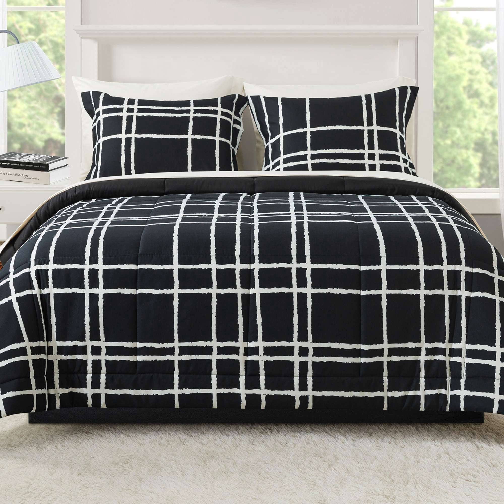 Mainstays All in One Reversible Comforter and Sheet Set, 7-Piece, King, Black and White Checker
