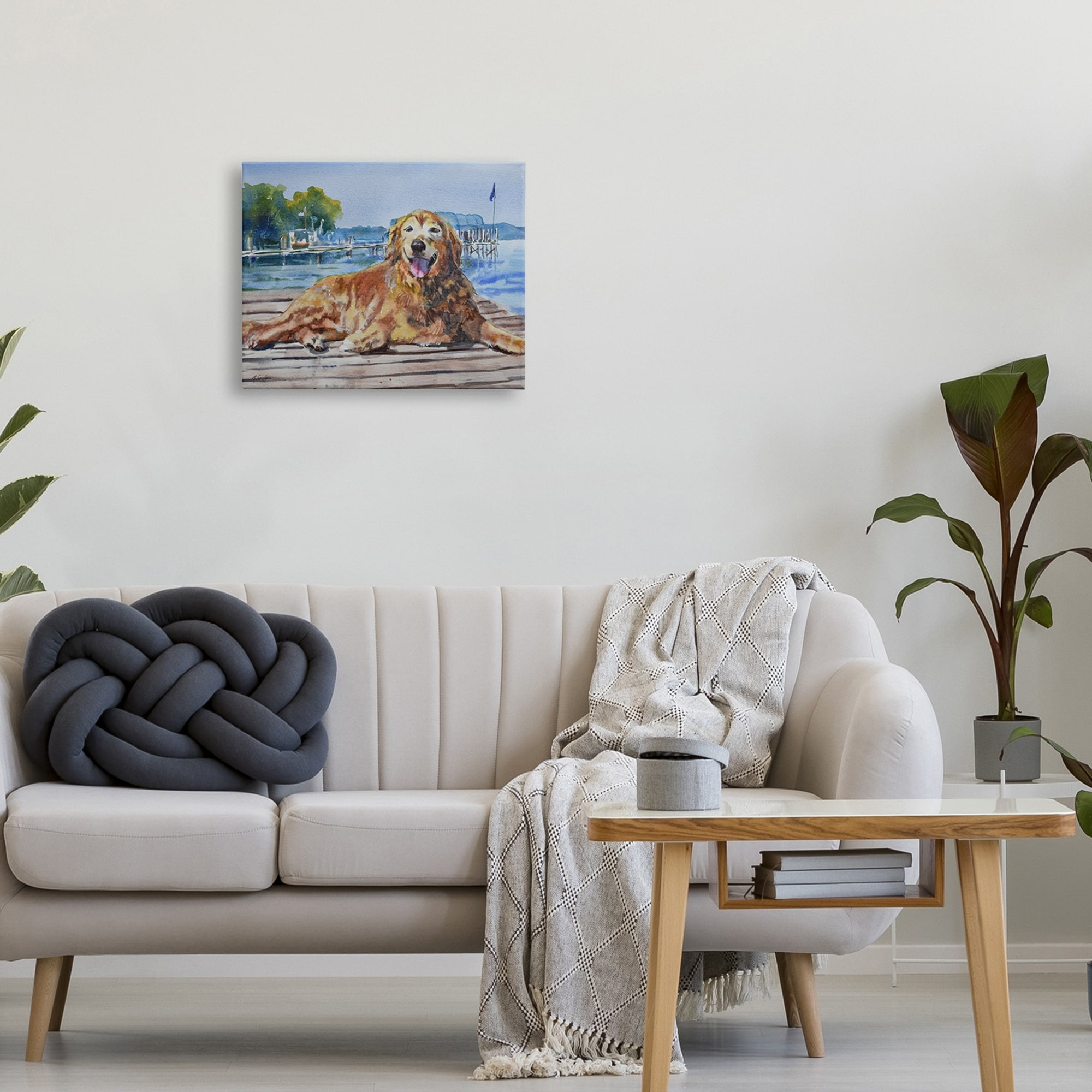 Stupell Industries Coastal Waterfront Scenery Golden Retriever Relaxing Dock Coastal Painting Gallery-Wrapped Canvas Print Wall Art, 20 x 16, Design by MB Cunningham