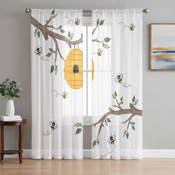 Bees Branches Sheer Curtains 96 Inch Length 2 Panels Set, Farmhouse Spring Botanical Watercolor Voile Window Treatment Semi Sheer Long Curtains Drapes for Bedroom/Living Room/Kitchen 52"x96"x2