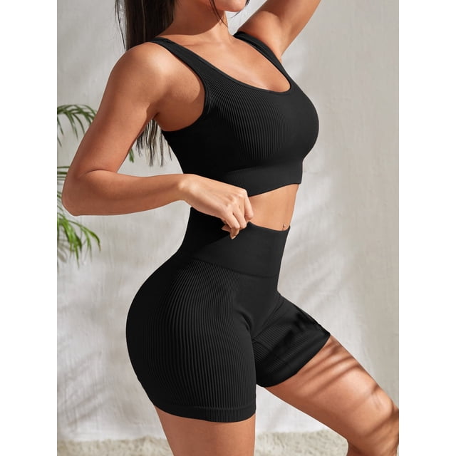 Conjuntos de Yoga acanalados sin costuras, conjuntos de entrenamiento para mujer, 2 piezas, trajes de gimnasio, tanque corto acanalado, pantalones cortos de cintura alta, trajes para Fitness y correr