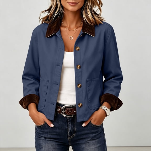 Vintage Jacket Women Fall Cozy Corduroy Long Sleeve Jackets Lapel Collar with Pockets Winter Warm Barn Jacket Bottom Down Casual Trendy Daily Outerwear