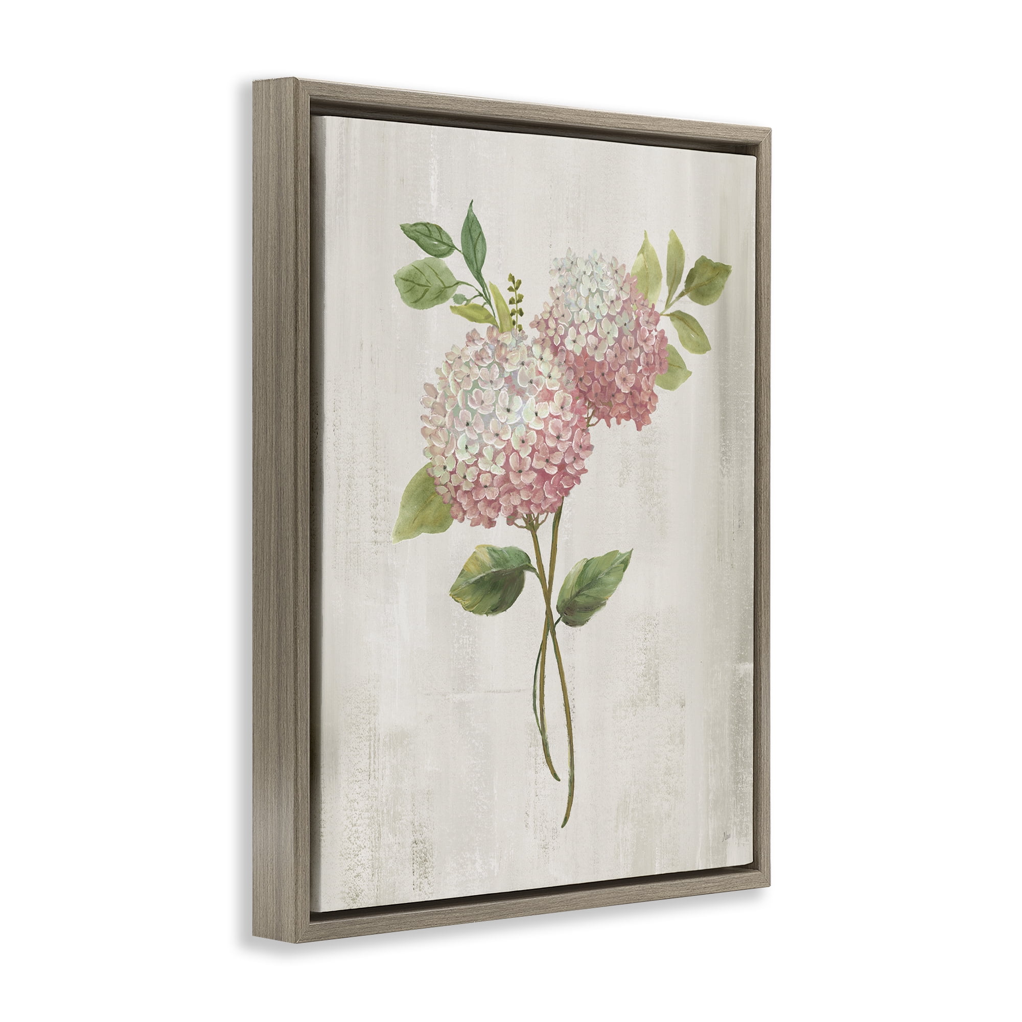 Stupell Industries Pink Hydrangea Paired Stems Brown Framed Floater Canvas Wall Art, design by Nan