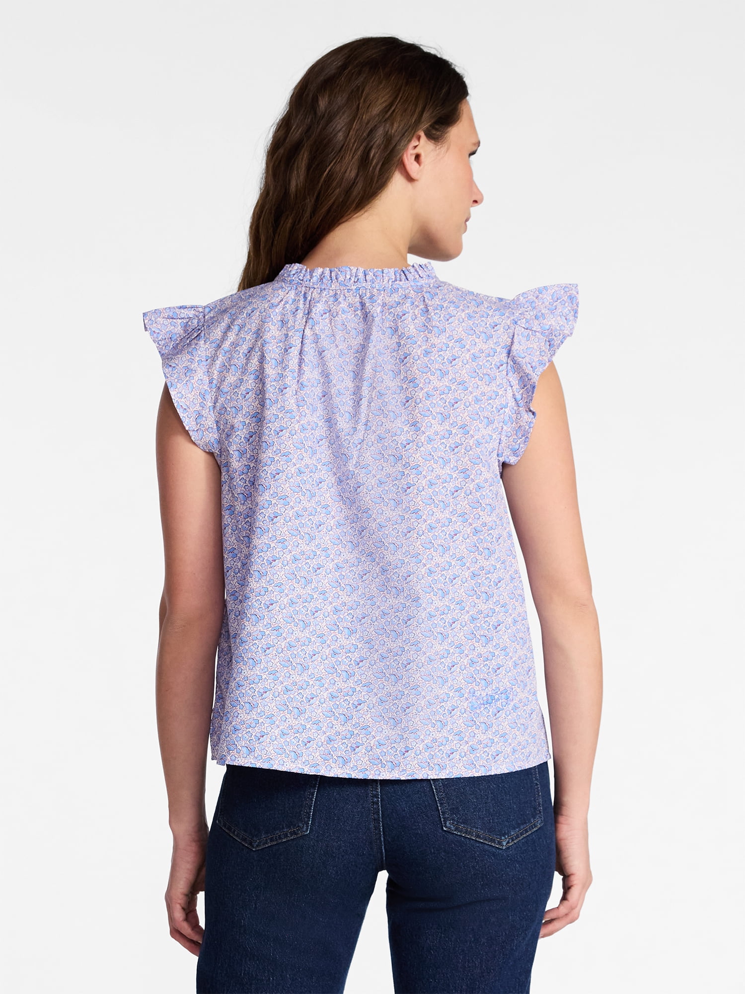 Time and Tru Women's Cotton Split Neck Top with Flutter Sleeves, Sizes XS-XXXL