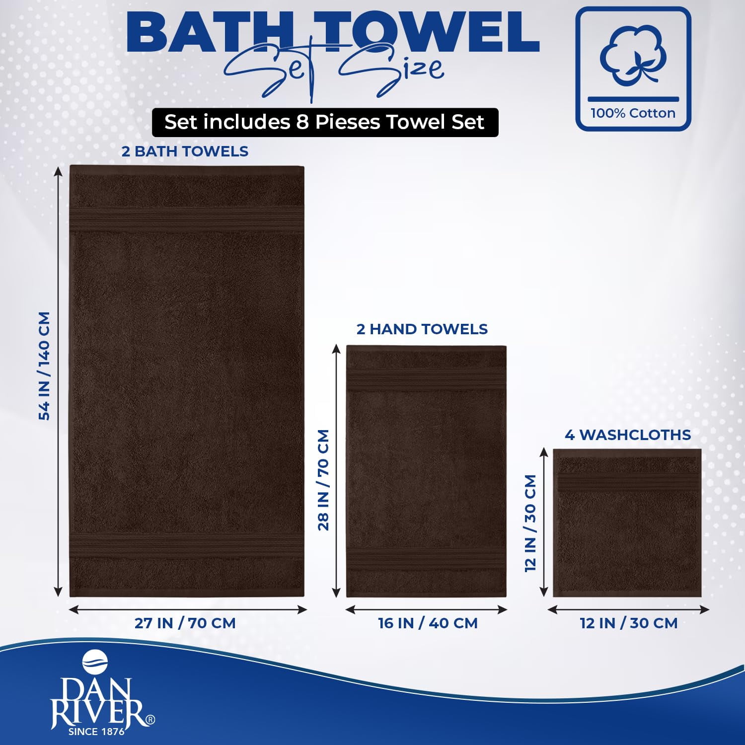 Dan River 8 Piece Towel Set Soft Quick Drying Cotton Bath Towel For Gym, Spa and Bathroom - Brown