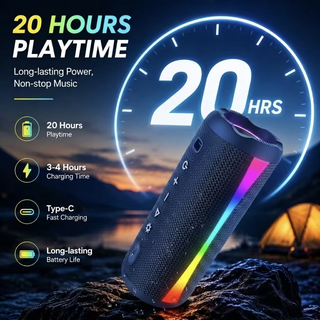 Portable Bluetooth Speaker, Bluetooth 5.4 Wireless Speaker, IPX7 Waterproof, 20H Palytime with 30W Loud Deep Bass, 7 Color RGB Lights, TWS Pairing for Home/Party/Outdoor, Gift