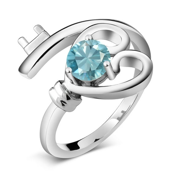 Gem Stone King 0.85 Ct Round Blue Zircon 925 Sterling Silver Heart Key Ring (Size 9)