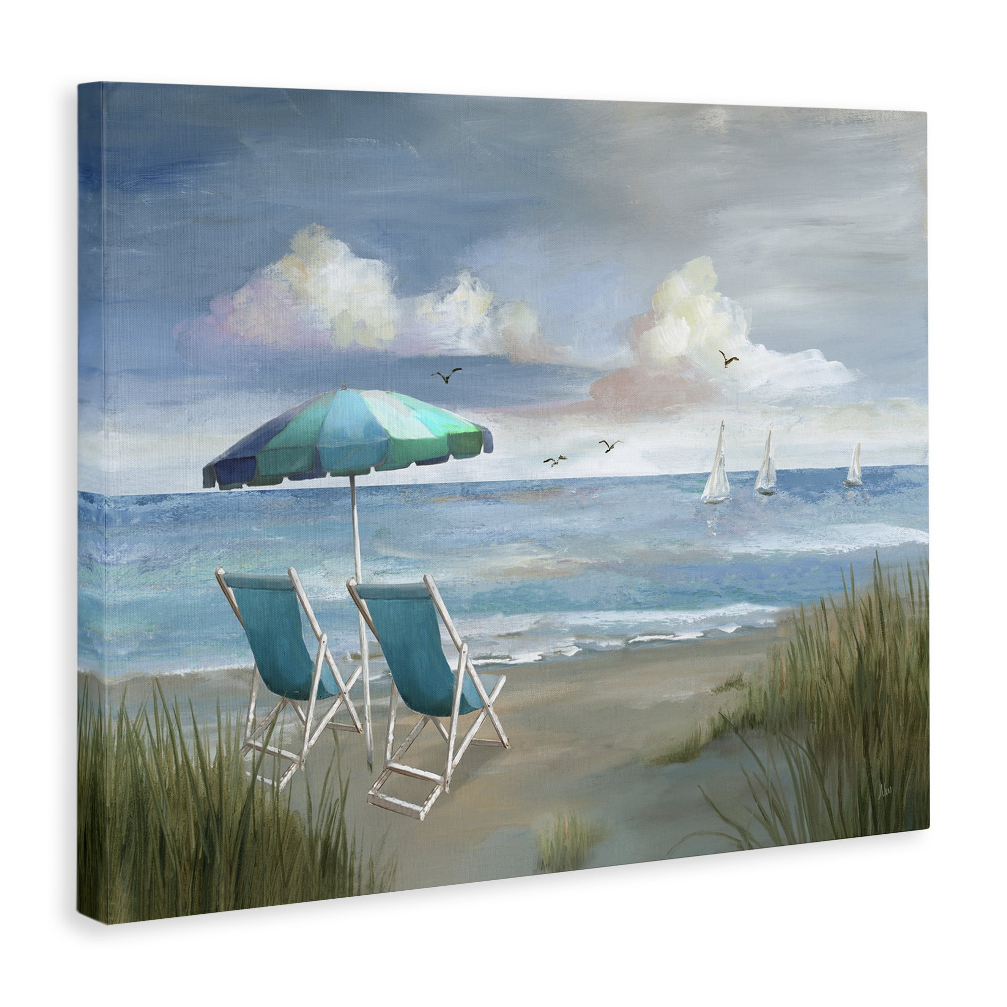 Stupell Industries Seagulls over Calm Beach Nautical & Beach Painting Wrapped Canvas Art Print Wall Art, 20 x 16