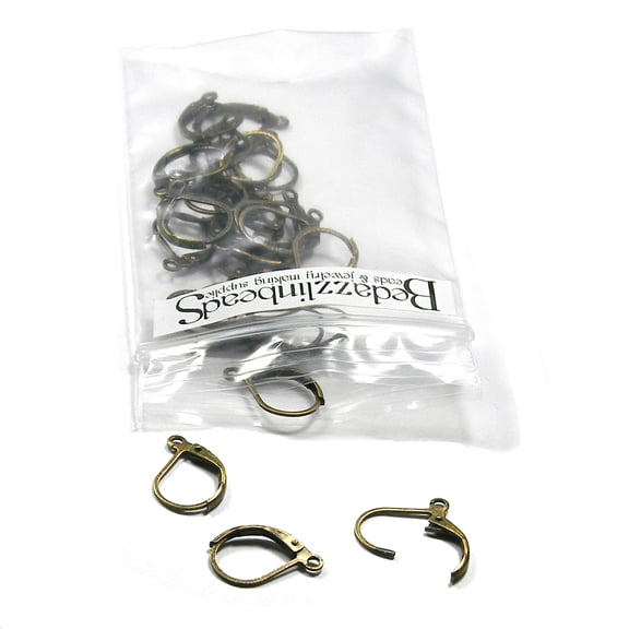 20 Antiqued Hinged Leverback Hook Earring Findings with Open Loop & Easy Lever Back Backing (Antique Copper)