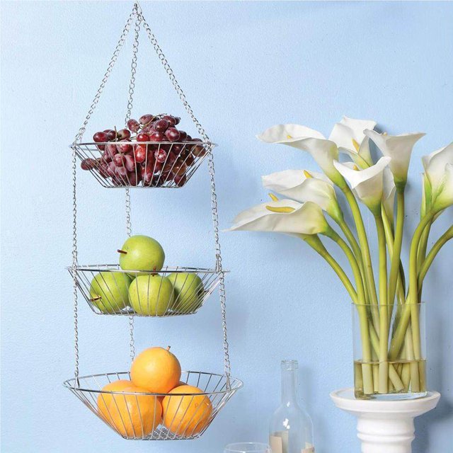 VONKY Hanging Fruit Basket Hangers Stainless Steel Racks Rust-proof Storage Baskets Knotted Demountable Space Saving 3-Layer Rack