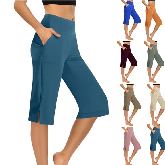 LEKWK Capri Yoga Pants for Women Wide Leg Side Pockets Loose Fit Trouser Style Yoga Pants Casual Lounge Capri Leggings Soft Summer Athletic Bottoms