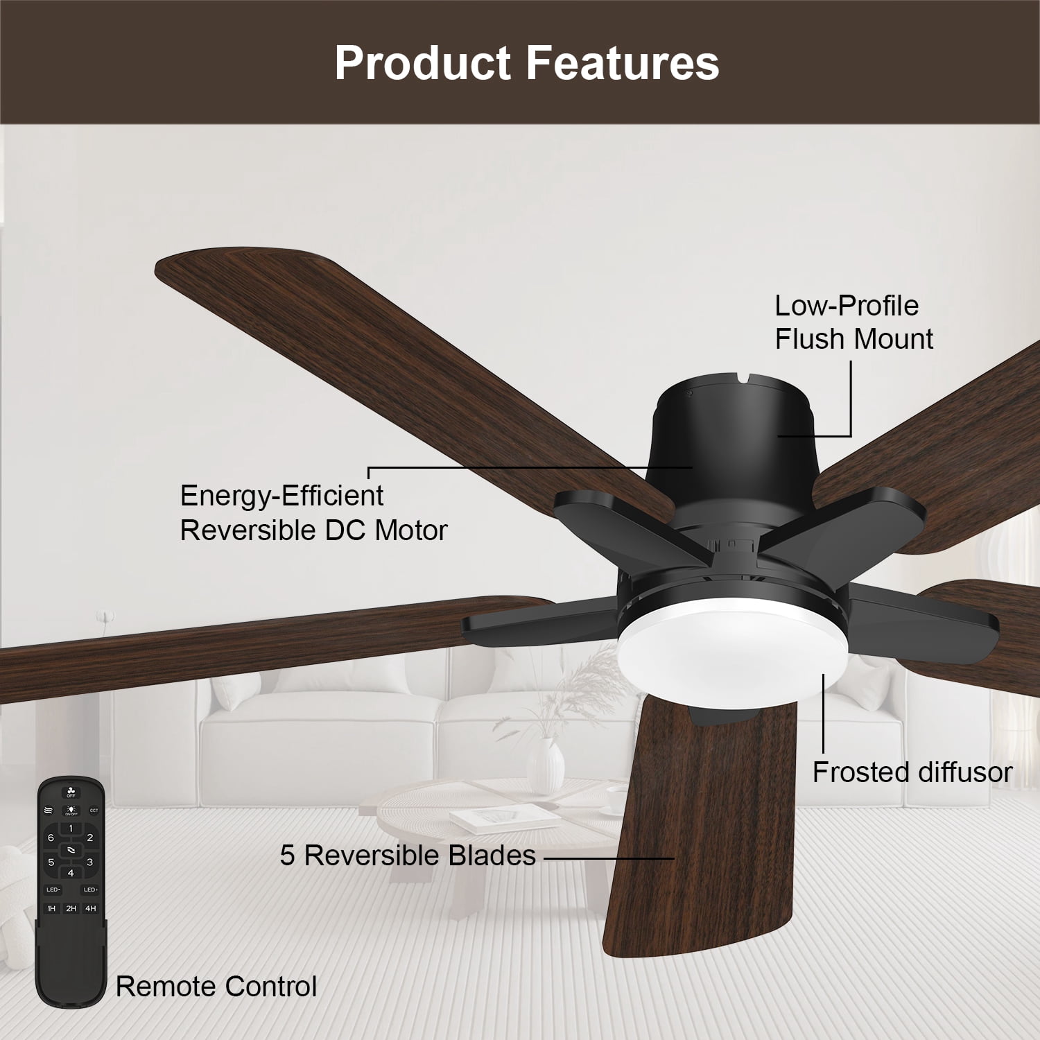 Manistays 52 inch Hugger Ceiling Fan with LED Light, Remote Control, 6 Speeds, 4 Blades, Black
