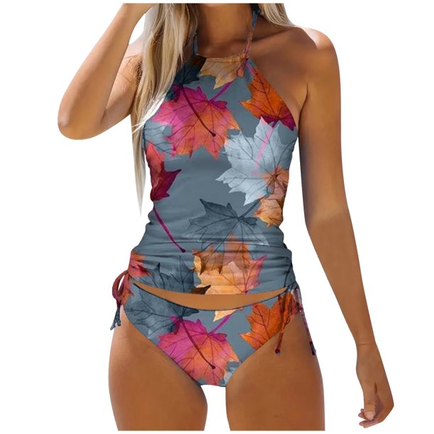 MKLEKYY Trajes De Baño Mujer Dos Piezas Women'S Fashion Summer Maple Leaf Day Print Sexy Lace Up Two Piece Swimsuit