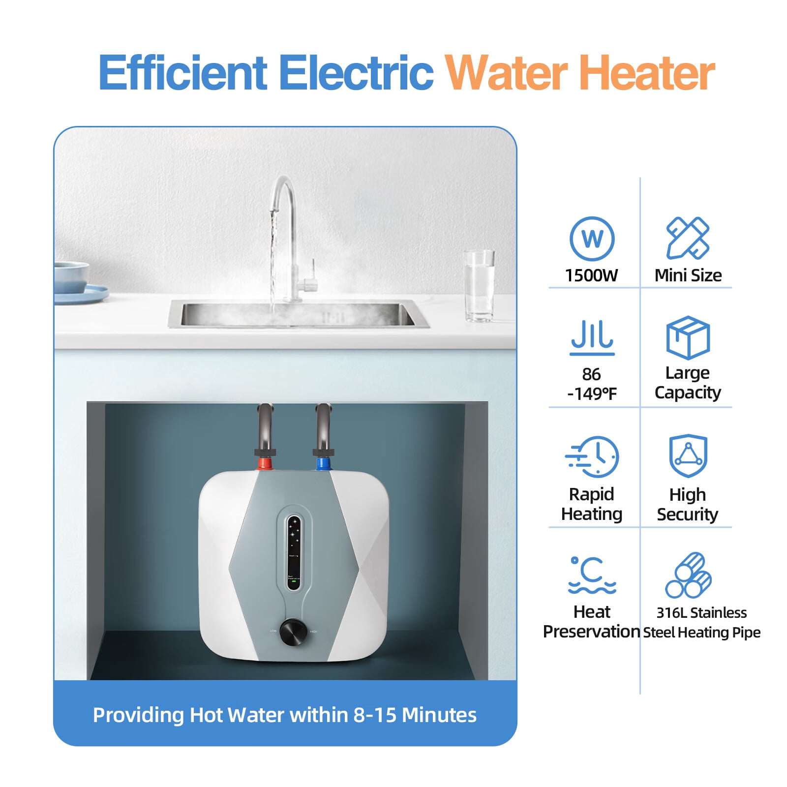 Anqidi 1500W 8L Electric Water Heater Under Sink Instant Hot Water Heater 2.1 Gallon Mini Small Water Tank Boiler IPX4 Waterproof Kitchen Bathroom Shower Heating Tank 110V