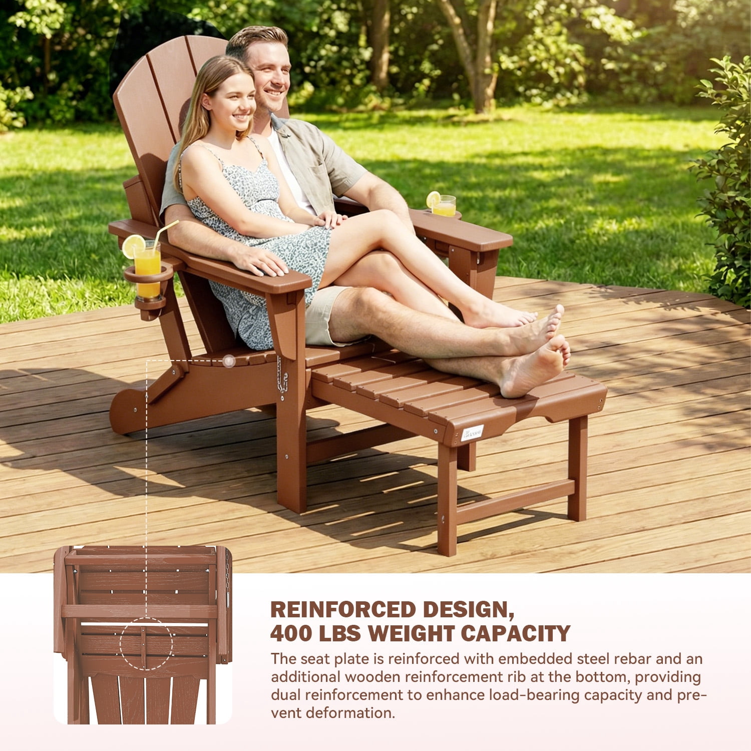 Erinnyees 3-Level Adjustable Adirondack Chair with Retractable Ottoman, HDPE All-Weather Folding Fire Pit Chair with 2 Cup Holders, Outdoor Chair for Garden
