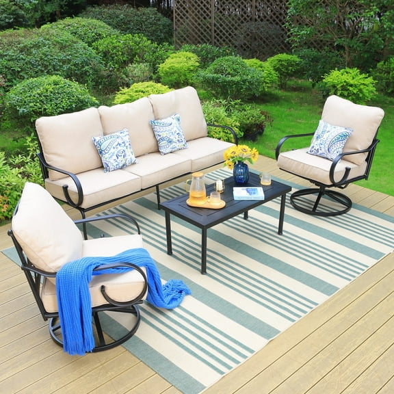 Summit Living 5-Seat Outdoor Funiture Sofa Set with Swivel Chairs, Metal Patio Conversation Sets with Cushions, Black & Beige