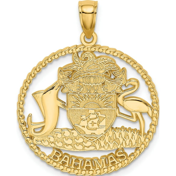 14K Yellow Gold Bahamas Crest In Textured Frame Charm (30.3 X 24.7) Made United States k8660