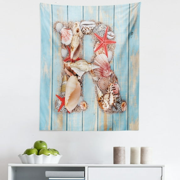 Letter R Tapestry, Tropical Animals in Alphabet Art Ocean Letter R Seashells Starfish, Fabric Wall Hanging Decor for Bedroom Living Room Dorm, 5 Sizes, Dark Coral Pale Blue, by Ambesonne