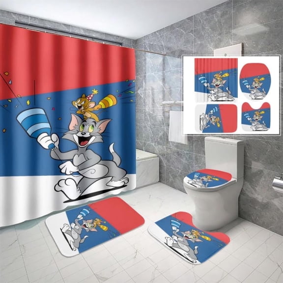 Lheaggik Cartoon Tom 4 Pcs Bathroom Sets with Shower Curtain and Rugs, Waterproof Polyester Shower Curtain Sets with Hooks