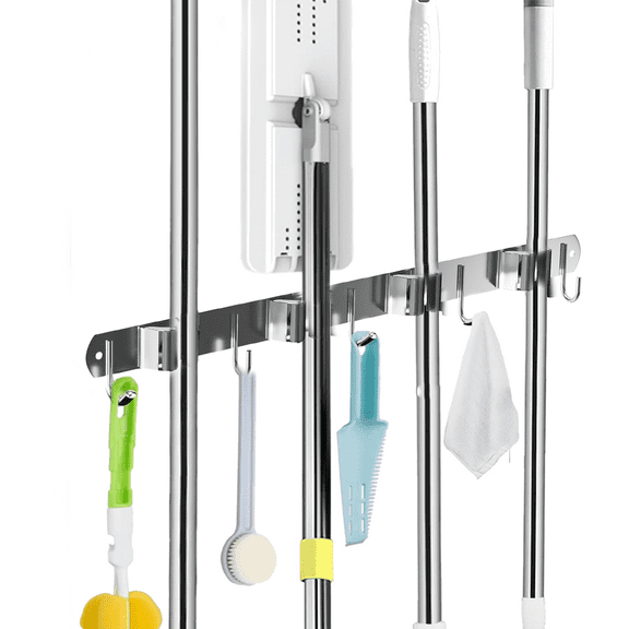 GYTF 4 Racks and 5 Hooks Mop and Broom Holder Wall Mount,Silver,Broom Organizer Storage Tool Racks Stainless Steel Heavy Duty Hooks Non-slip for Home,Kitchen,Garden,Laundry,Garage