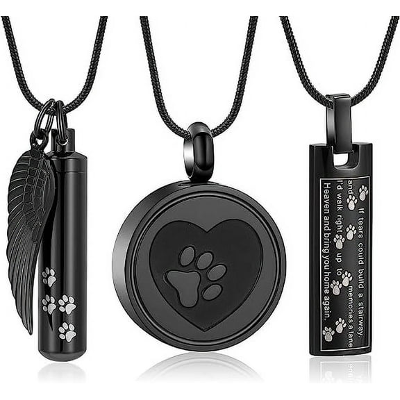 3 Pack Cremation Jewelry Urn Necklace for Ashes for Pet, Paw Print Memorial Lockets Ash Jewelry, Cylinder Keepsake Pendant for Human Pet Ashes