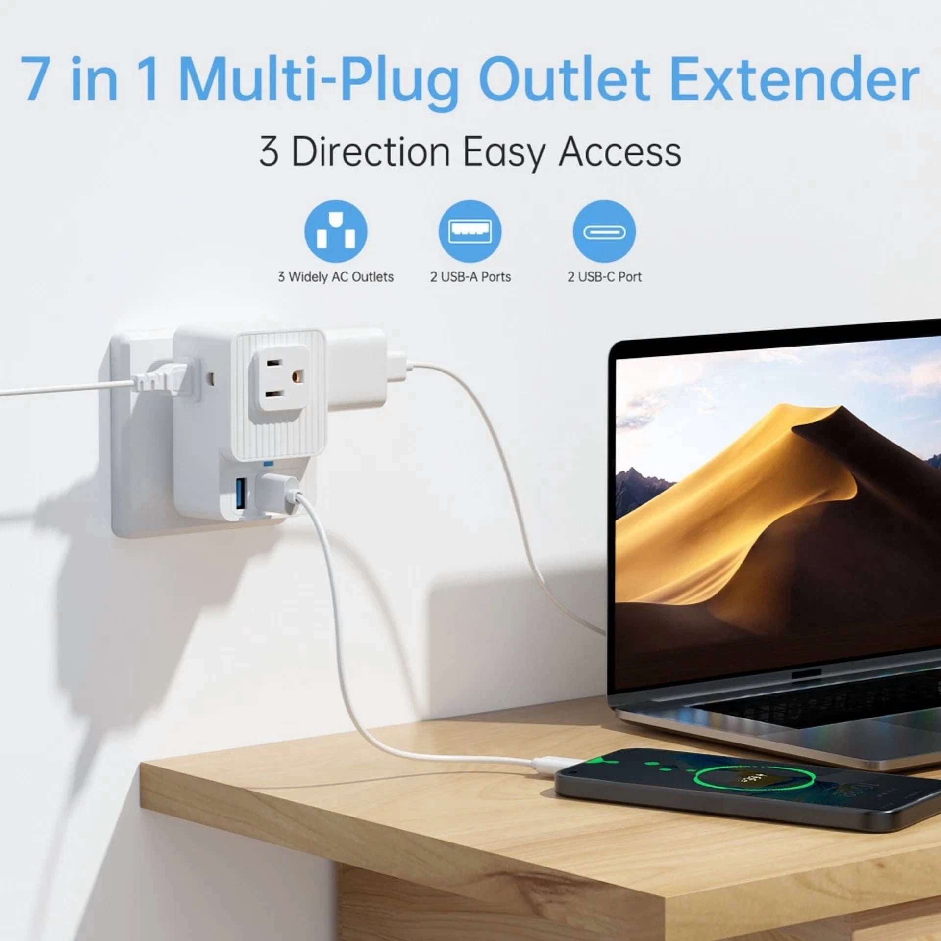 CRESTIN- 7-In-1 Outlet Extender: 3 Ac Outlets, 4 Usb (2A+2C), Portable For Home/Travel