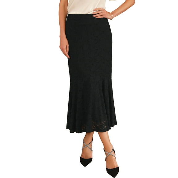 Women's Lace Floral Skirts Ruffle Hem High Waist Cocktail Midi Skirt 2XL Black
