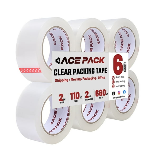 Ace Pack 2" Wide x 110 Yards per Roll, 2.0 Mil Thick Heavy Duty Clear Packing Tape Sealing Shipping Packaging Tape 6 Rolls