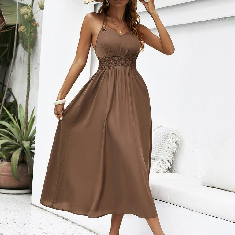 Women's Spring Summer Elegant Dress Halter Neck V Neck Sleeveless