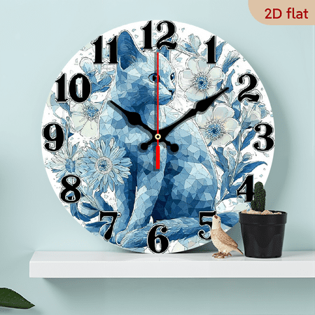 Vintage Cat Wall Clock Silent Non-Ticking Movement, Elegant Blue Floral background with, Japanese Mechanism, Battery-Powered Wooden Clock for Living Room, Bedroom, Kitchen, Office Perfect