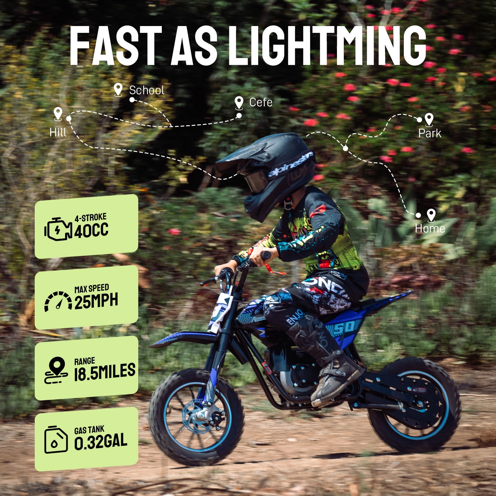 Aoemoe Gas Dirt Bike, 40cc 4-Stroke Gas Powered Kids Off Road Motorcycle (Model-DB4S004) with Off-Road Tire, Suspensions, Disc Brakes, Max Load 165Lbs, Up to 25Mph, NO OIL MIX REQUIRED