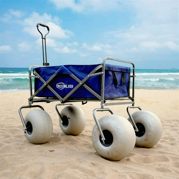 CRESTWALKER Beach Wagon with 13'' Balloon Tires , Collapsible Cart with Big Wheels for Sand, Pump Included