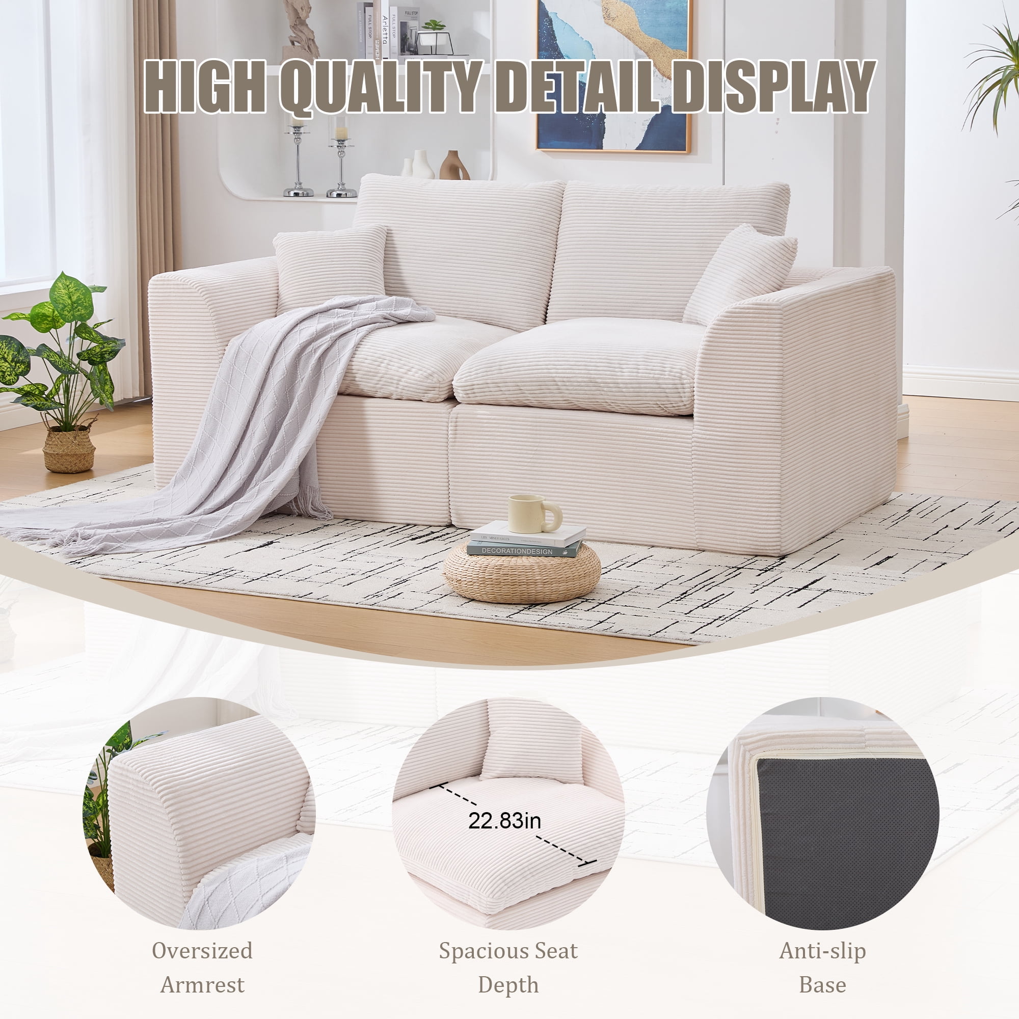MOONMISS 80.3" Oversized Modular Sofa, Upholstered Corduroy 2 Seat Deep Seat Cloud Couch for Living Room Bedroom, No Assembly Required,Beige
