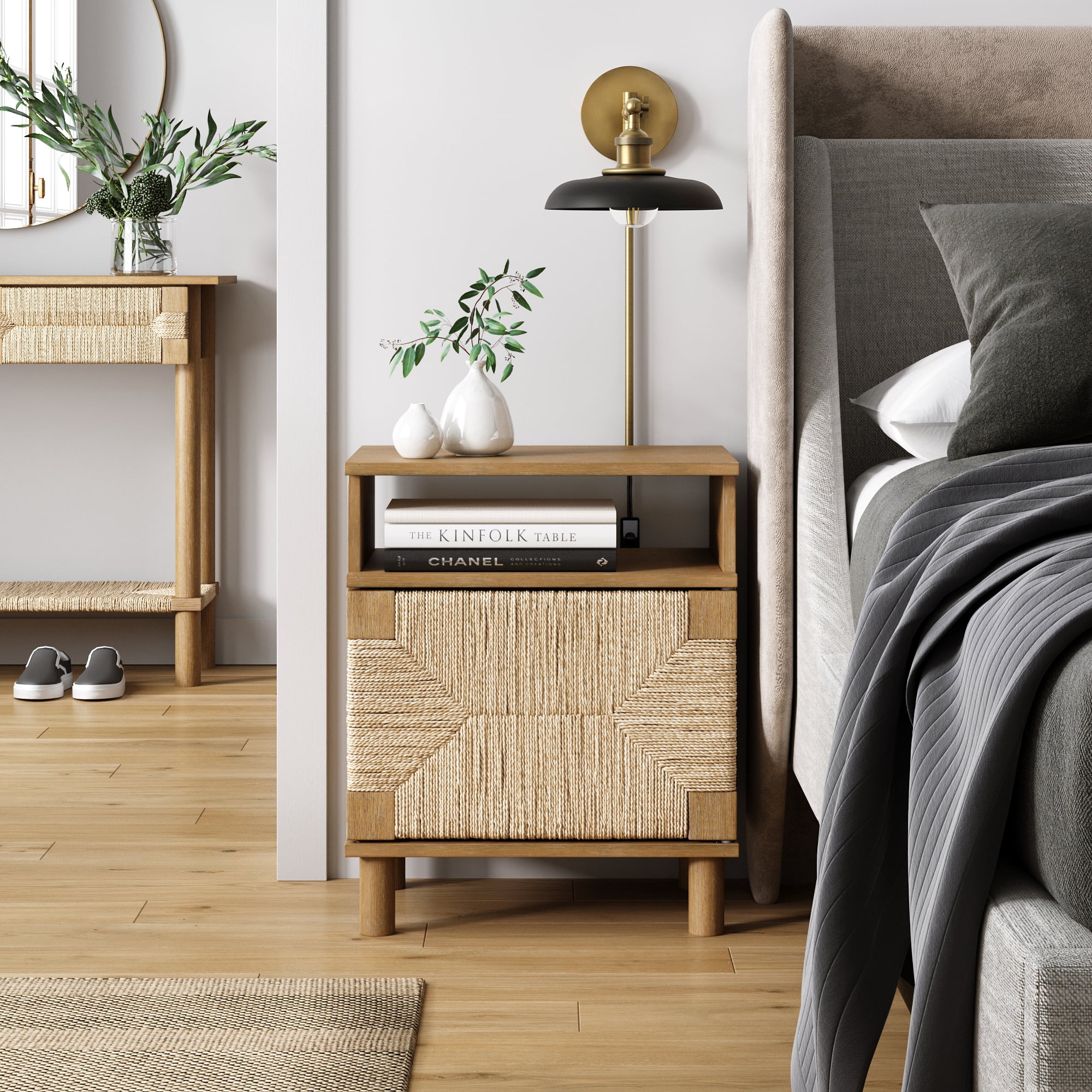 Nathan James Beacon Wood Nightstand, Bohemian Accent Table or Sofa Side Table with Seagrass Door for Bedroom or Living Room, Light Brown