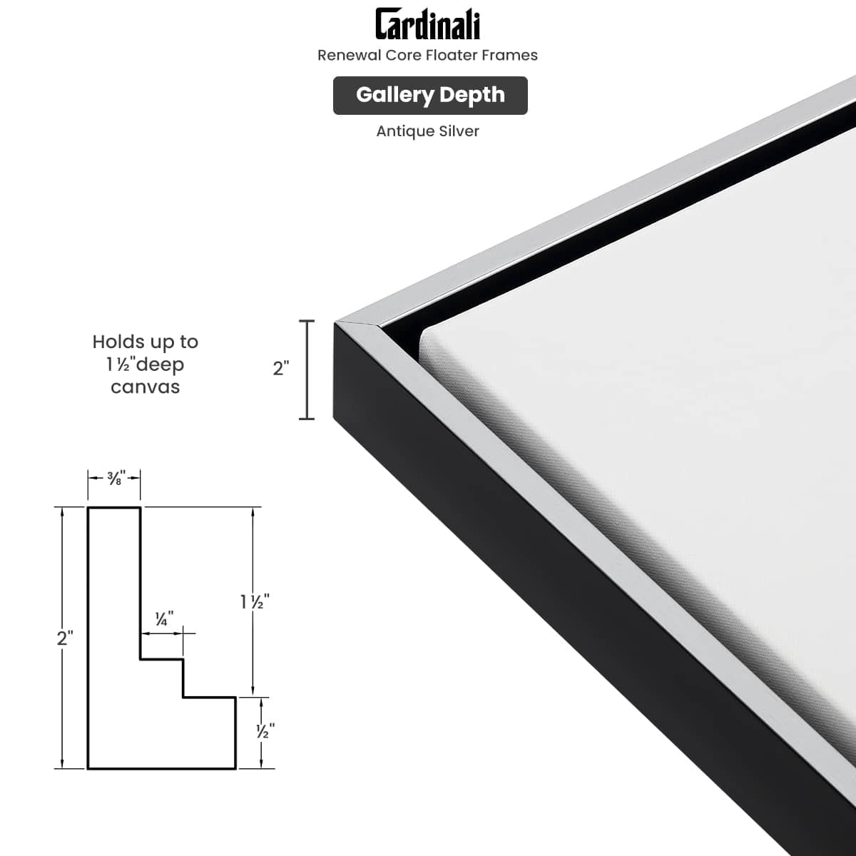 Cardinali Renewal Core Floater Frame, Black/Antique Silver, 18x24", For 1-1/2" Deep Canvas, 4 Pack - Open Back Floating Canvas Frames, No Glass or Backing, Hardware Included