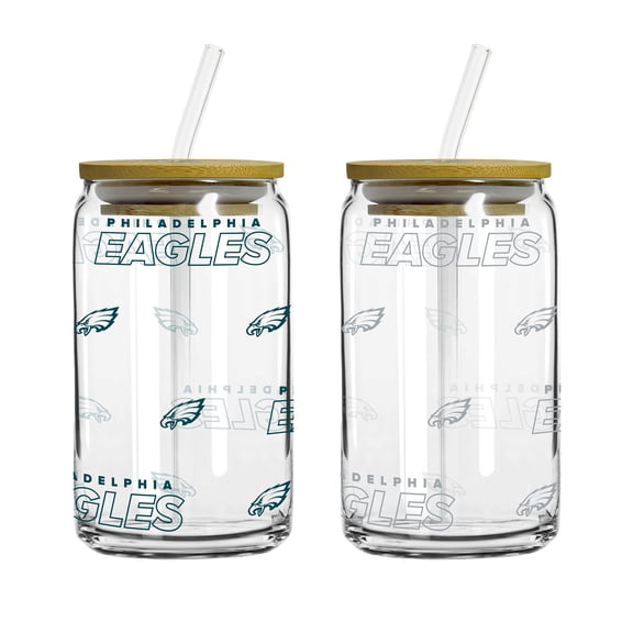 Logo Brands Philadelphia Eagles 16oz. Step And Repeat Glass Can with Lid & Straw 2-Pack