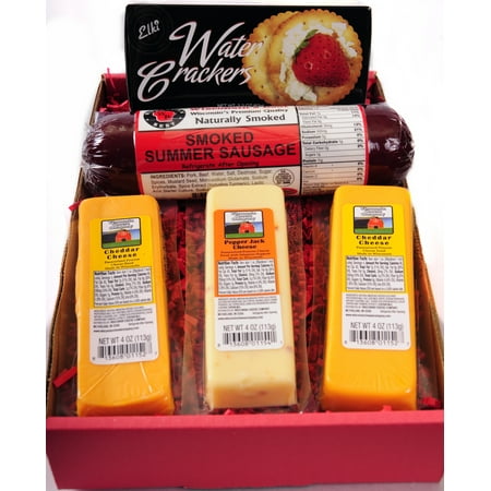 Wisconsin's Best Cheese, Sausage, and Crackers Gift Basket with Cheeses and Summer Sausage Made in Wisconsin, 5 pc