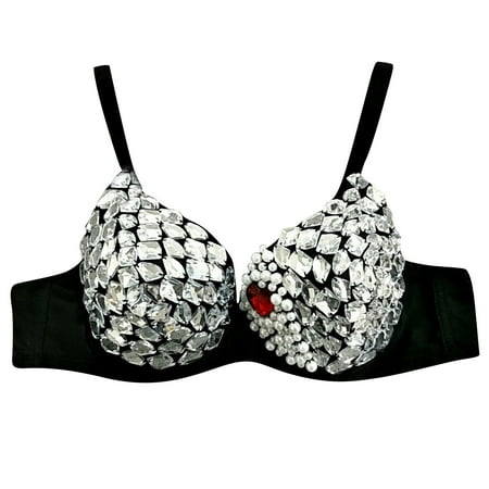 

Women Fashion Rhinestone New Punk Lady Goth Silver Party Studded Bra Jazz Lead Dancer Pole Dance Rhinestone Bikini Bra (36) L