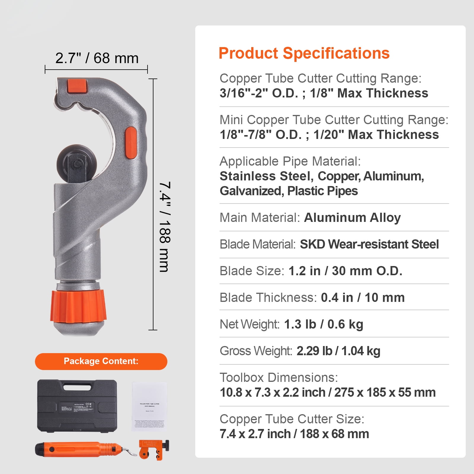VEVOR 3PCS Tubing Cutter Set, 3/16"-2" O.D. Copper Pipe Cutter, 1/8"-7/8" O.D. Mini Tube Cutter and Deburring Tool, Heavy Duty Pipe Cutter Set