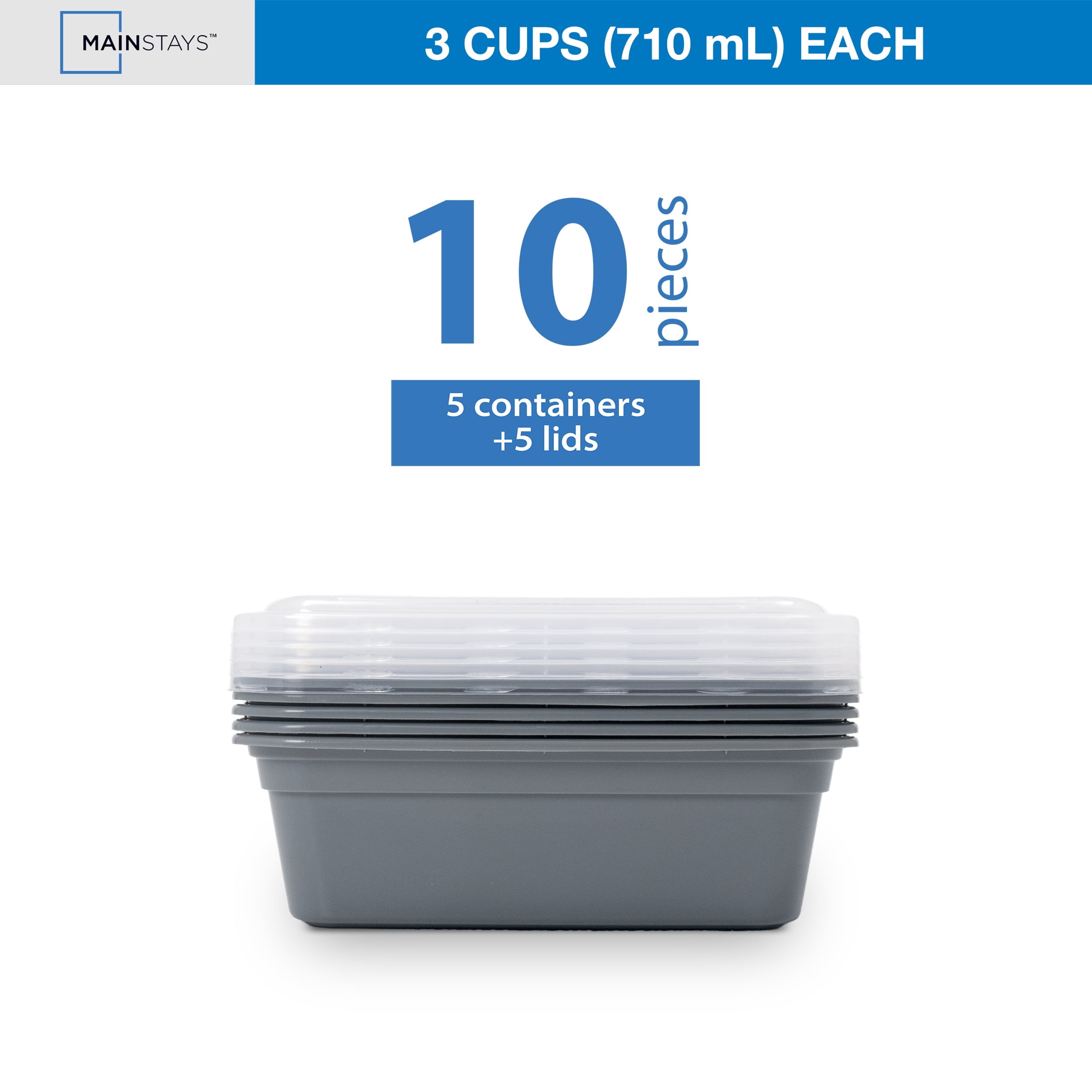 Mainstays 5-Pack 1-Compartment BPA-Free Plastic Snack Meal Prep Food Storage Containers, 3 Cup, Soothing Grey