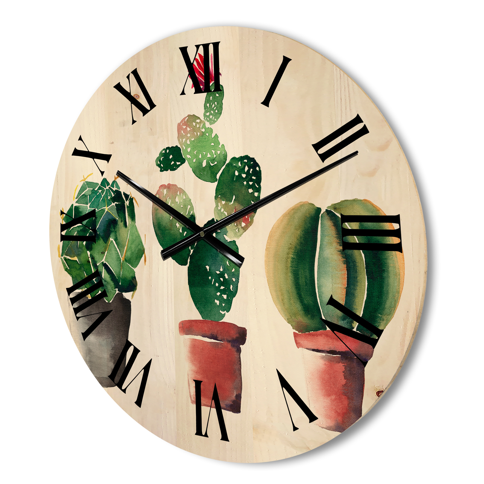 Designart 'Three Cacti In Clay Pots On White' Traditional Wood Wall Clock