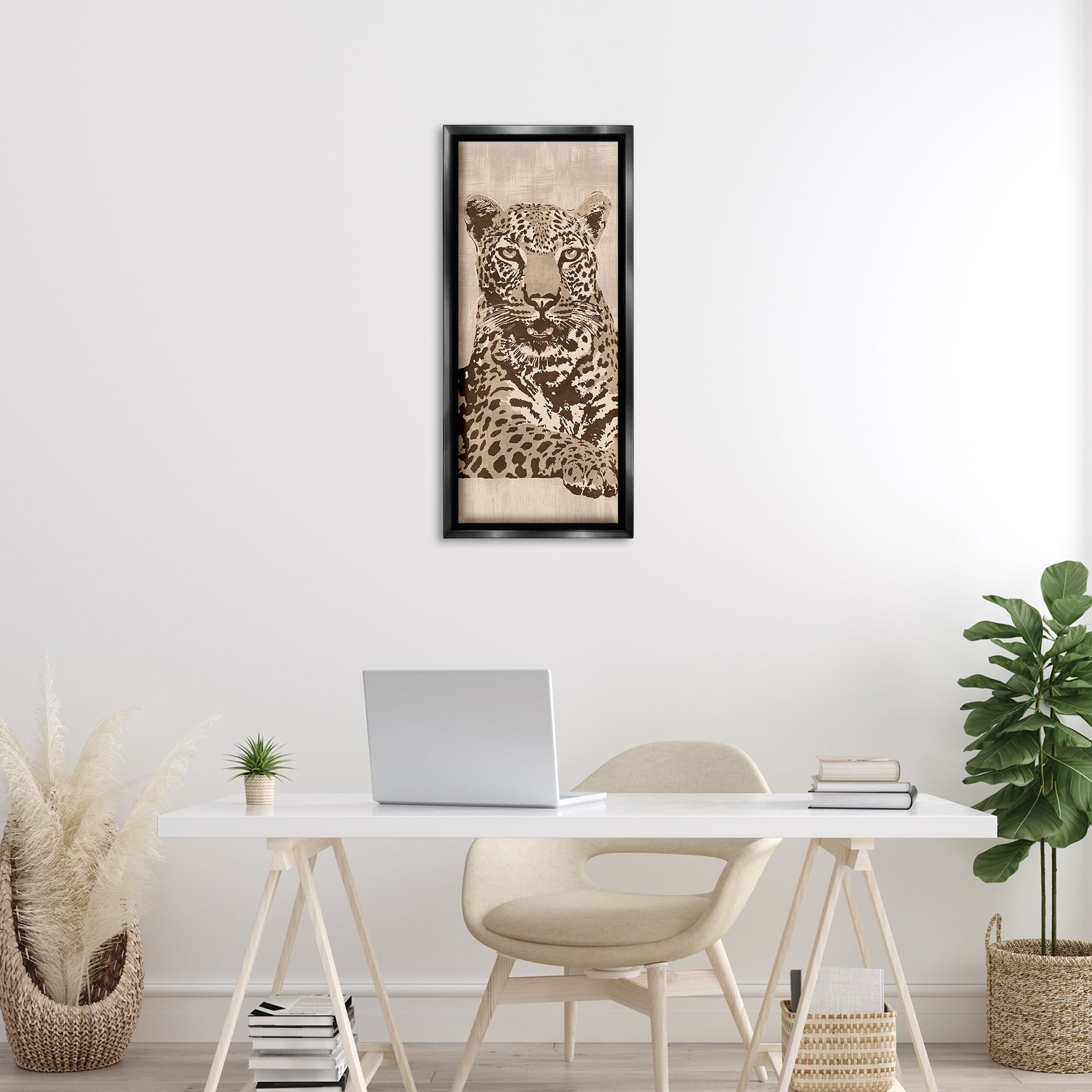 Stupell Industries Muted Fierce Leopard Animals Painting Black Floater Framed Canvas Art Print Wall Art, 14 x 31