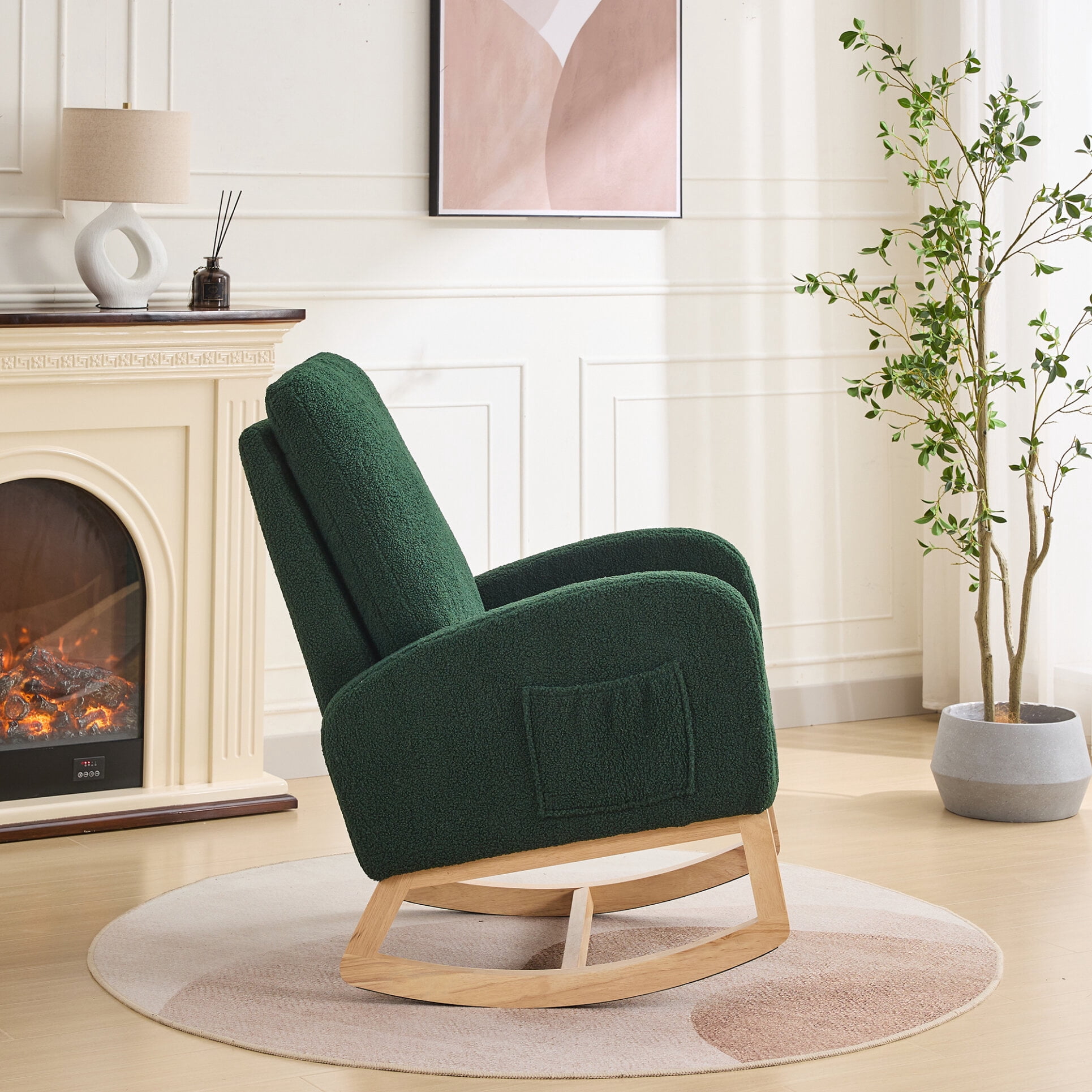 Nursery Rocking Chair with Sherpa Upholstery and Side Pockets, High Back Glider Armchair with Rubber Wood Legs for Bedroom or Living Room, Green