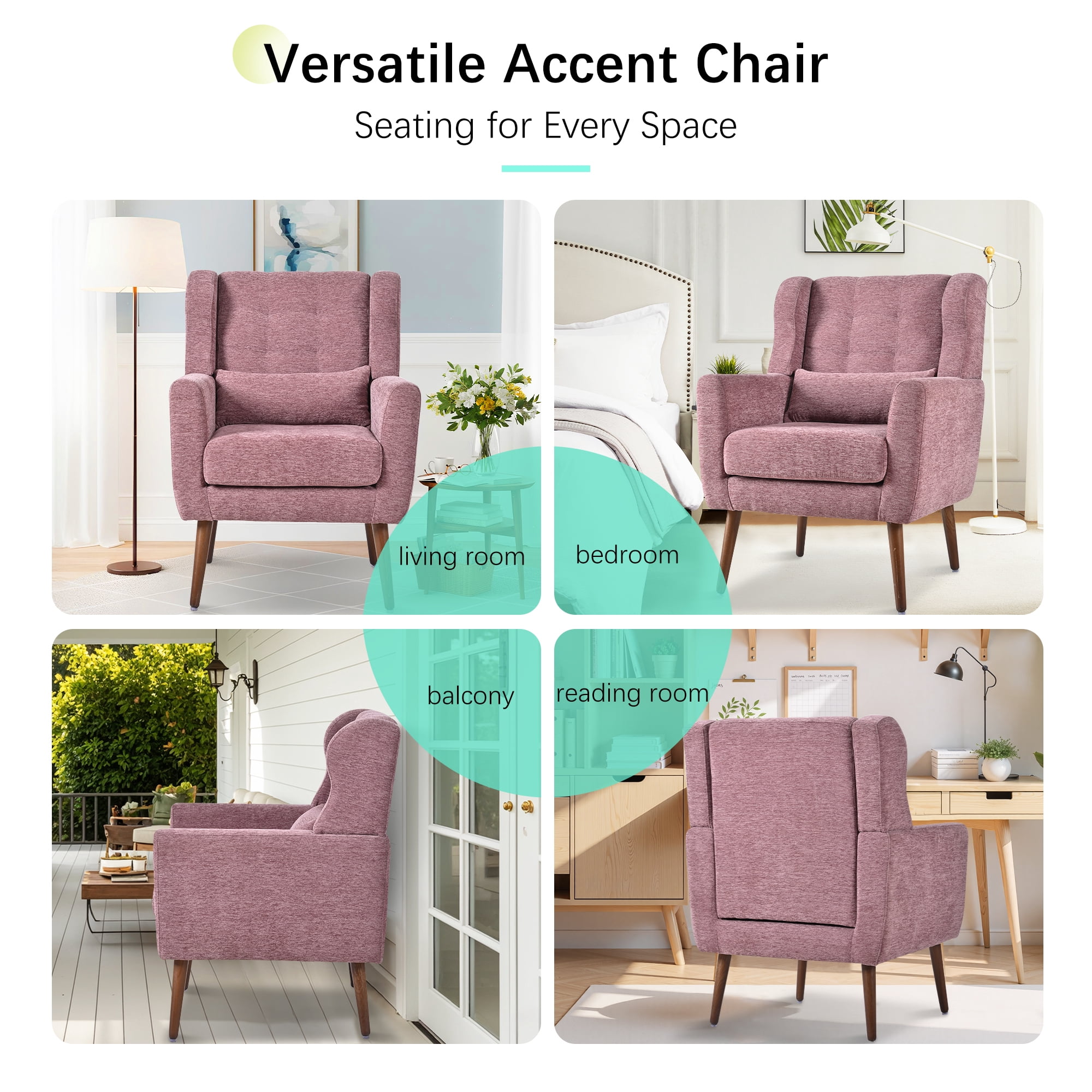 AISWORD Modern Accent Chair, Upholstered Armchair with Pillow, Fabric Single Sofa Chair with Lounge Seat and Wood Legs Accent Chair for Living Room Bedroom Small Spaces, Dark Purple
