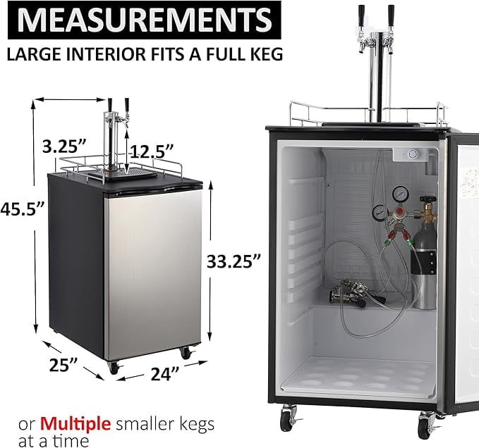 M optimized Beer Kegerator, Dual Tap Draft Beer Dispenser, Full Size Stainless Steel Keg Refrigerator with Drip Tray & Rail, 32°F- 50°F Temperature Control, 170L