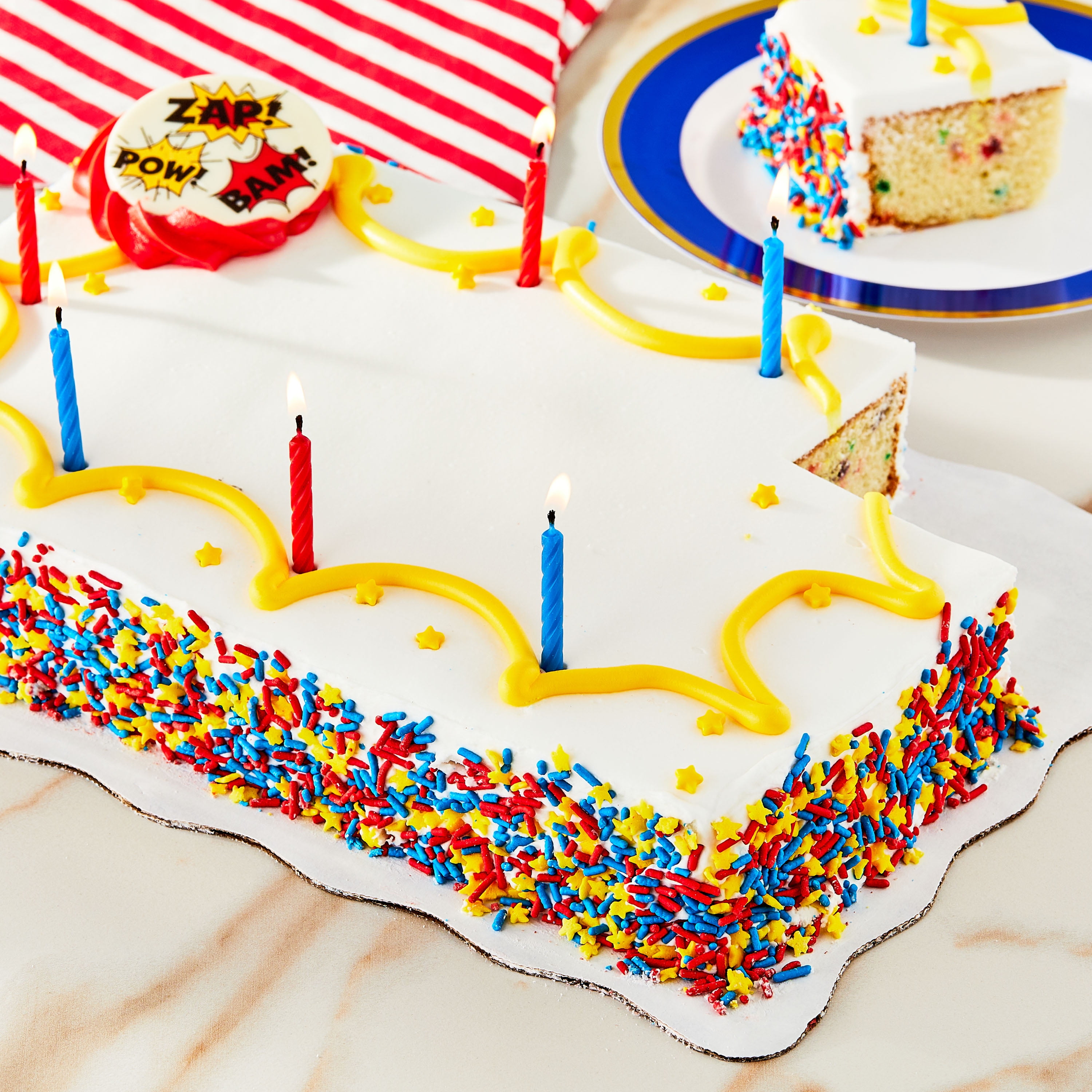 Freshness Guaranteed Superhero 1/4 Sheet Confetti Cake, 53 oz (Refrigerated)