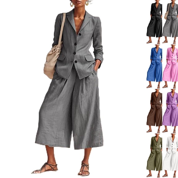 Linen Blazer and Pants Matching Set for Women Dressy Casual Work Jackets with Wide Leg Capris 2 Piece Business Outfits Gray XL