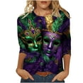 thumbnail image 3 of DDAPJ pyju Womens Mardi Gras Tops 3/4 Length Sleeve Casual Parade Blouses Crewneck Carnival Party Mask Graphic Tees Loose Fit Pullover T-shirt Multicolor M, 3 of 6