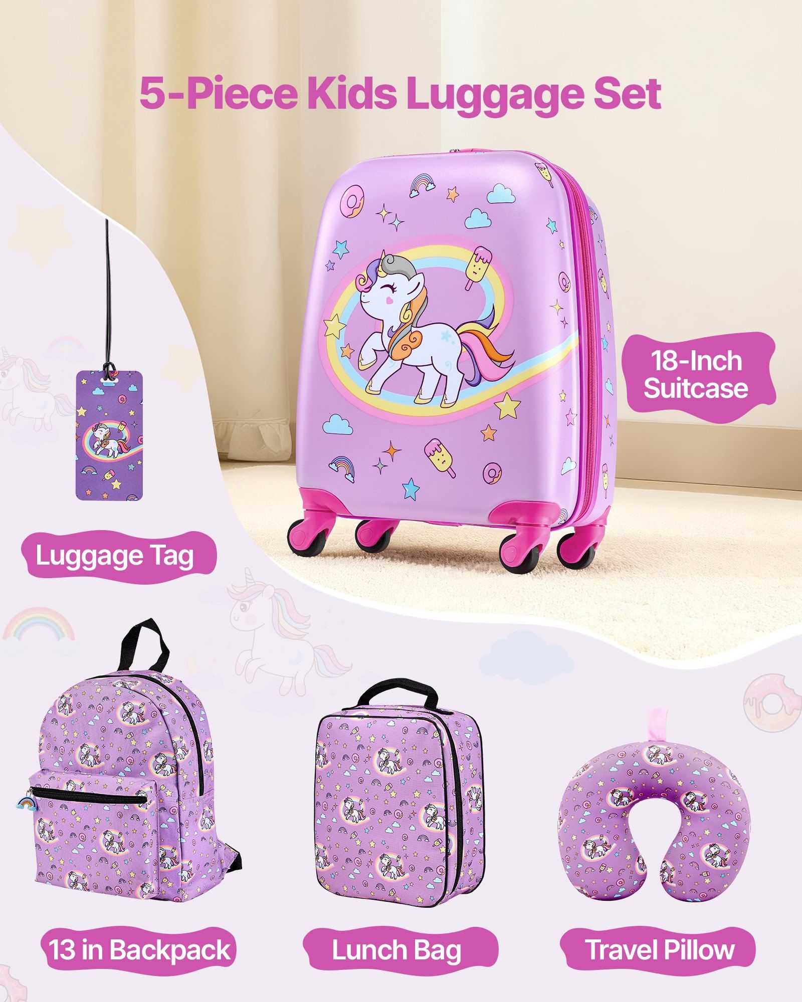 Unicorn Kids Luggage Set 5 Piece 18 Inch Hardside Rolling Suitcase Backpack U Shape Pillow Airline Approved Holiday Birthday Gift for Girls Boys