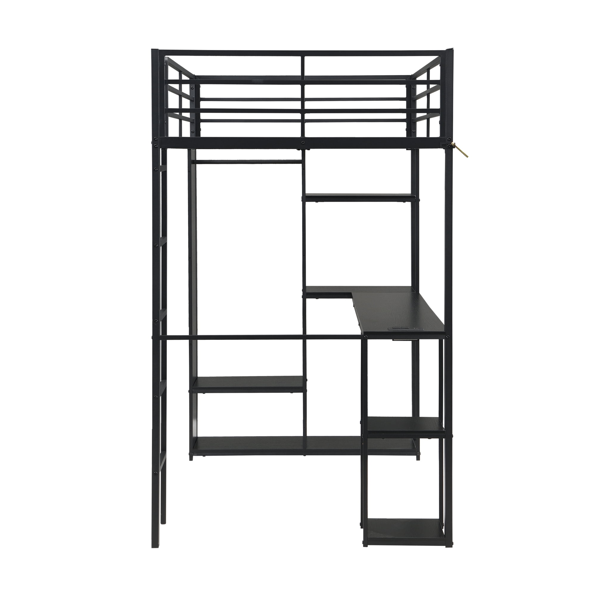 Leumius Twin Metal Loft Bed with Length Desk & Open Storage Cabinet, Multi-function Space Maximizing High Loft Bed for College Dorm Youth Room Apartment Guest